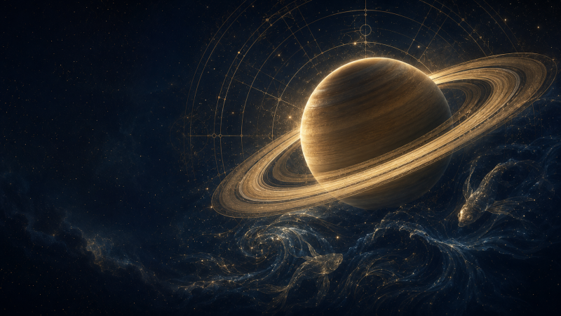 Saturn retrograde in Pisces 2026, depicted as a golden Saturn above cosmic water with subtle fish beneath a dark blue, star-filled sky.