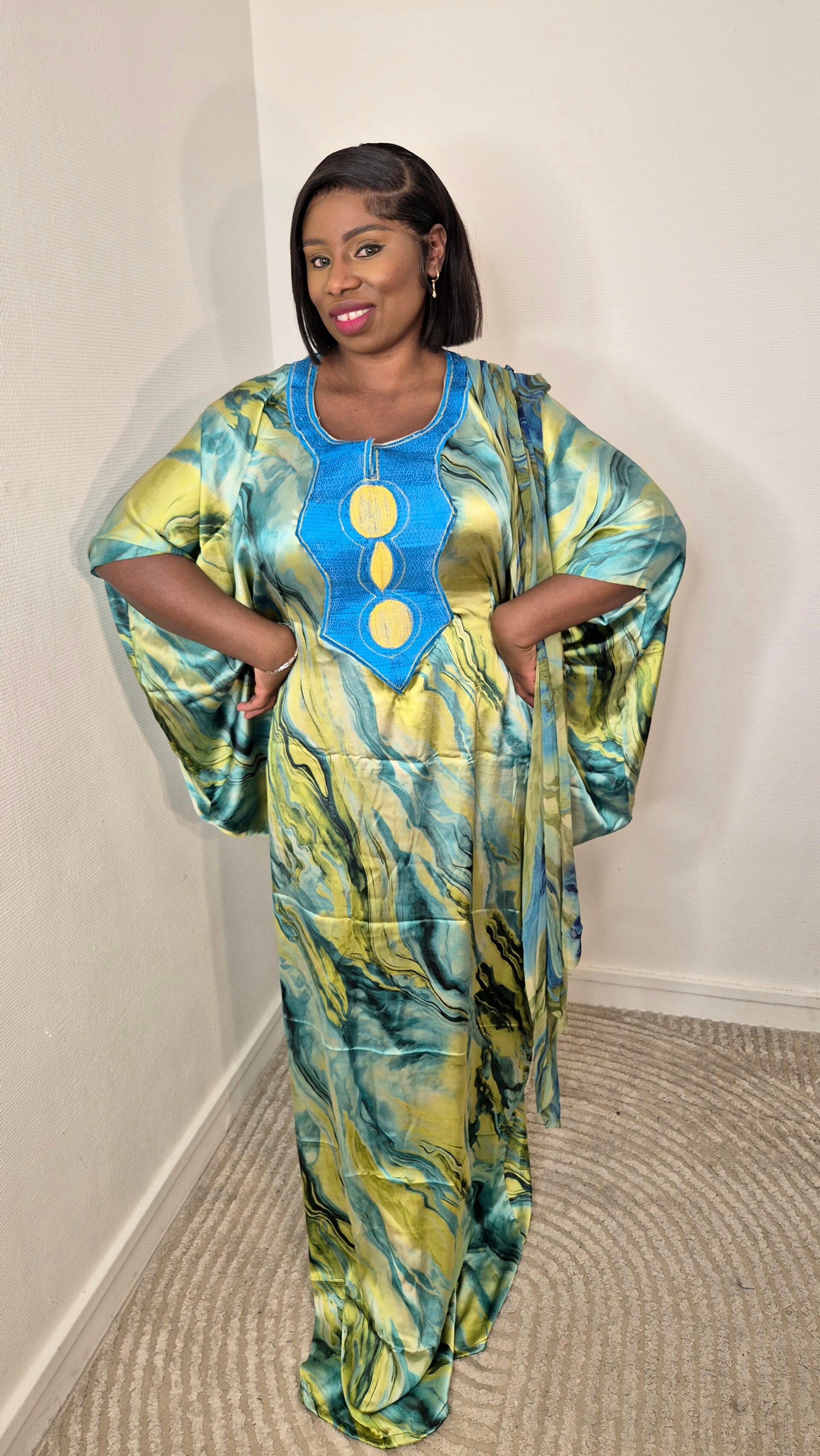 Robe boubou en soie imprimée + foulard