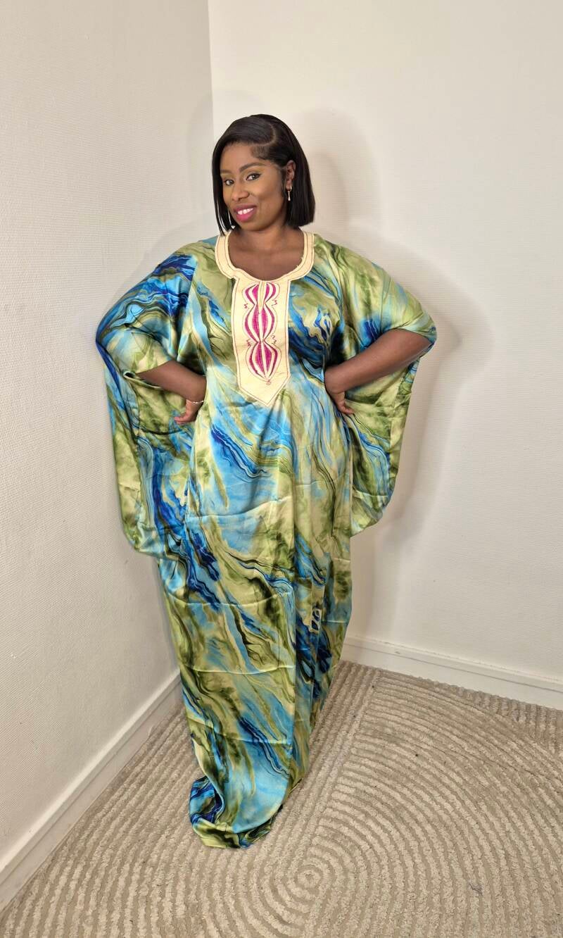 Robe boubou en soie imprimée + foulard