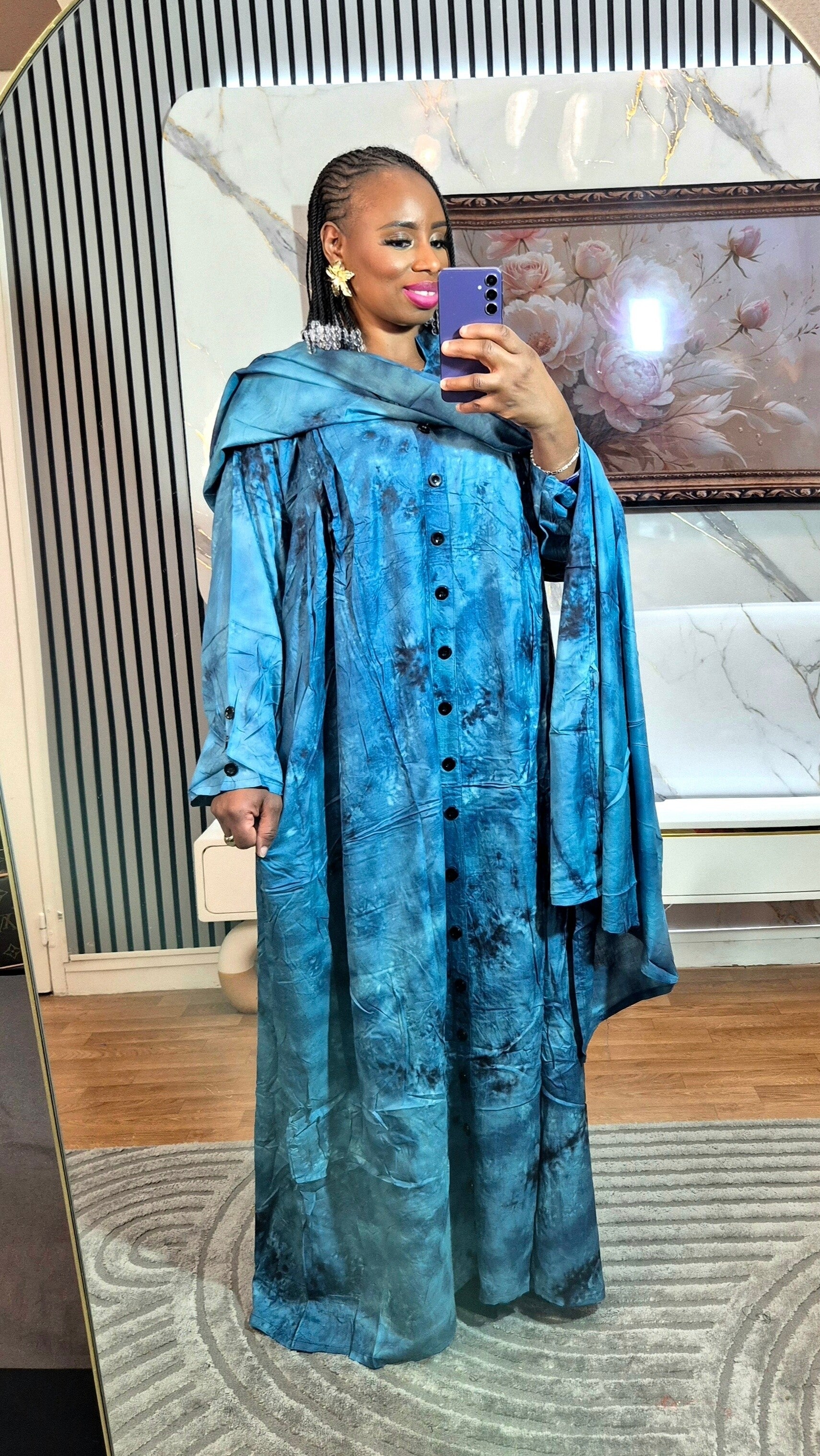 Robe de maison  évasée en coton +grand châle