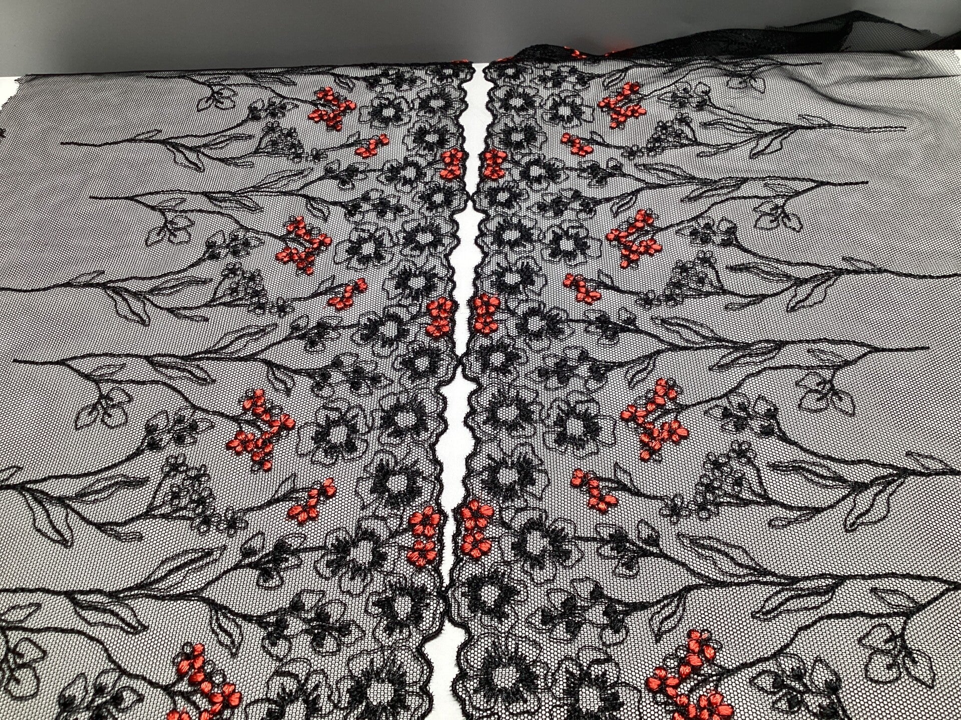 Black/ red embroidered lace