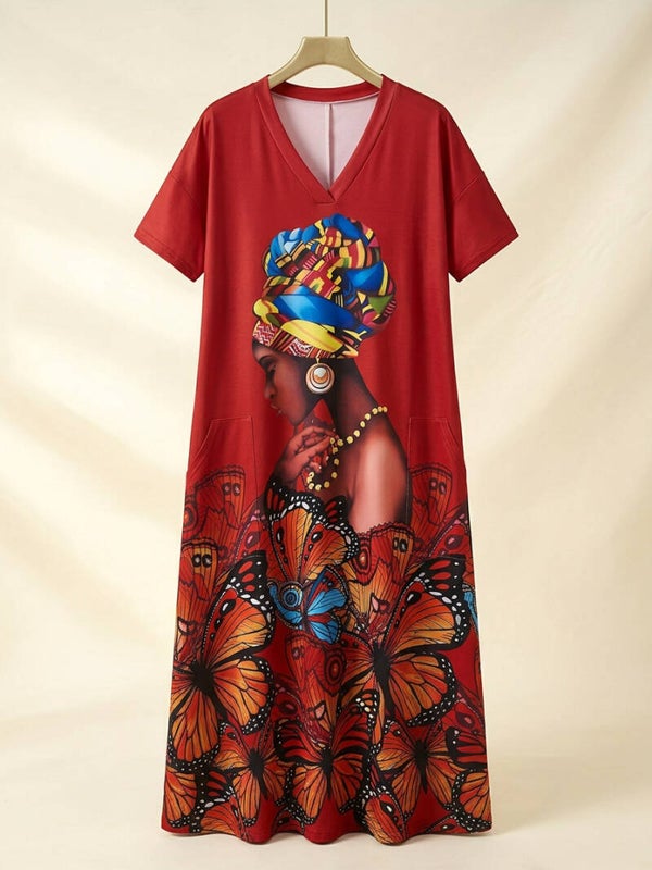 Vibrant African Print Butterfly & Portrait Maxi Dress