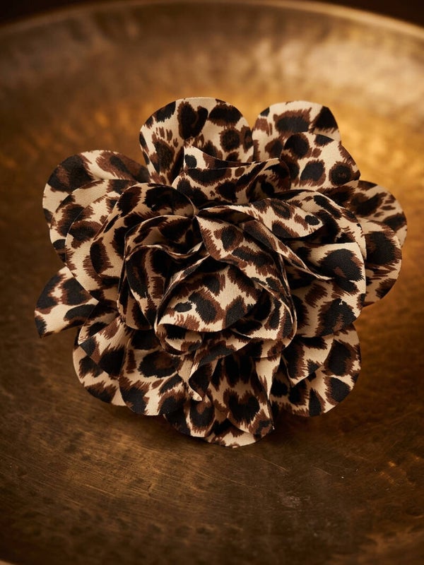 Chic Leopard Spotted Chiffon Rose Brooch | Large Animal Print Statement Pin