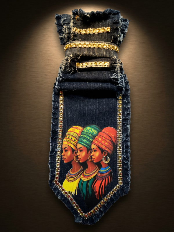 1-of-1 Custom Distressed Denim Tie – Handcrafted African Heritage Art & Gold Rhinestone Bling