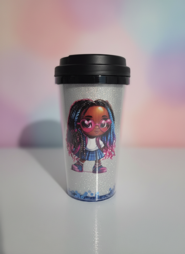 Custom Sparkle & Style Chibi Girl Glitter Tumbler – Heart Shades & Braids Design