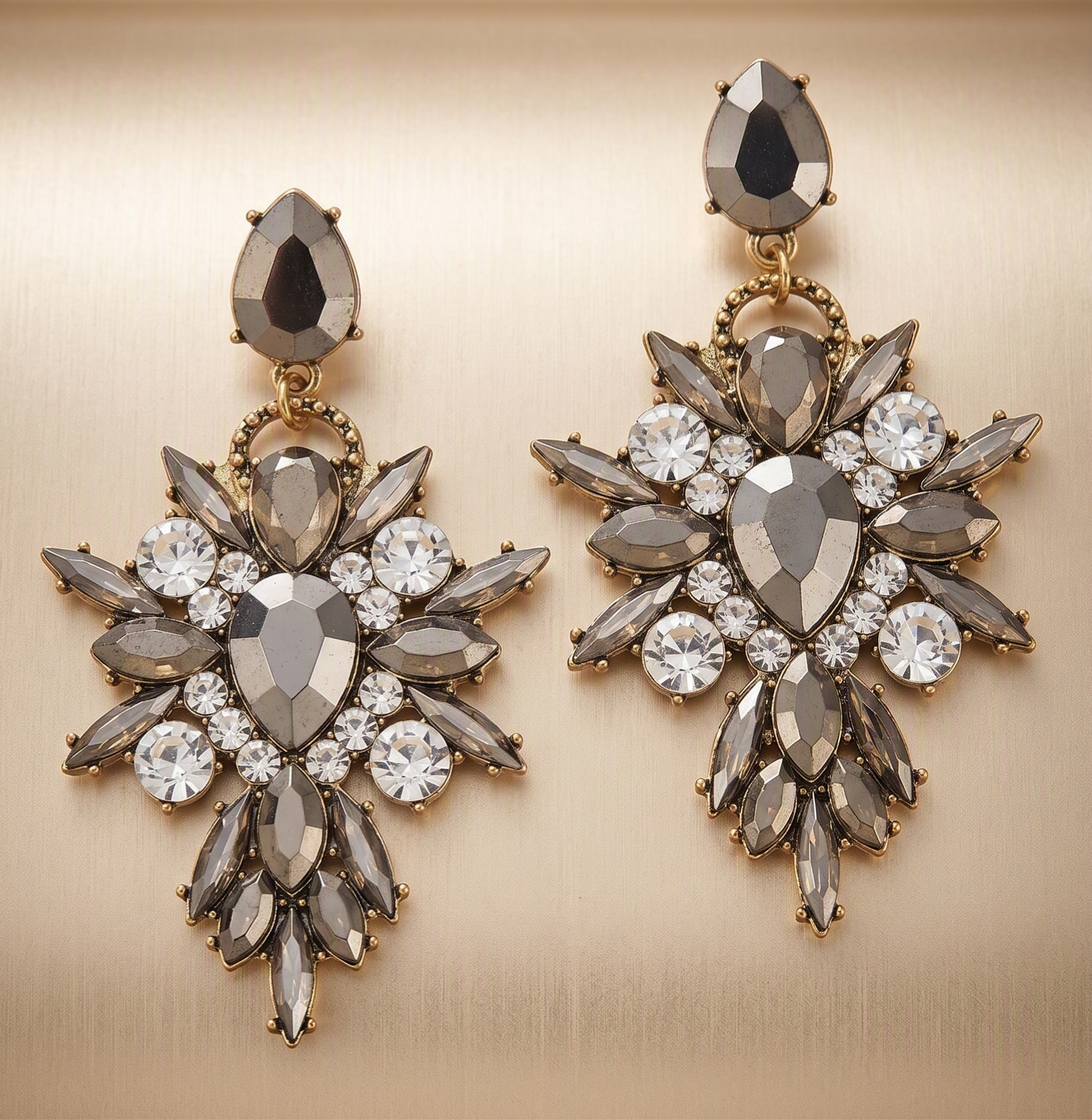 Vintage Gold-Tone Hematite & Clear Crystal Starburst Statement Earrings