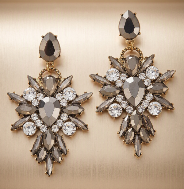 Vintage Gold-Tone Hematite & Clear Crystal Starburst Statement Earrings