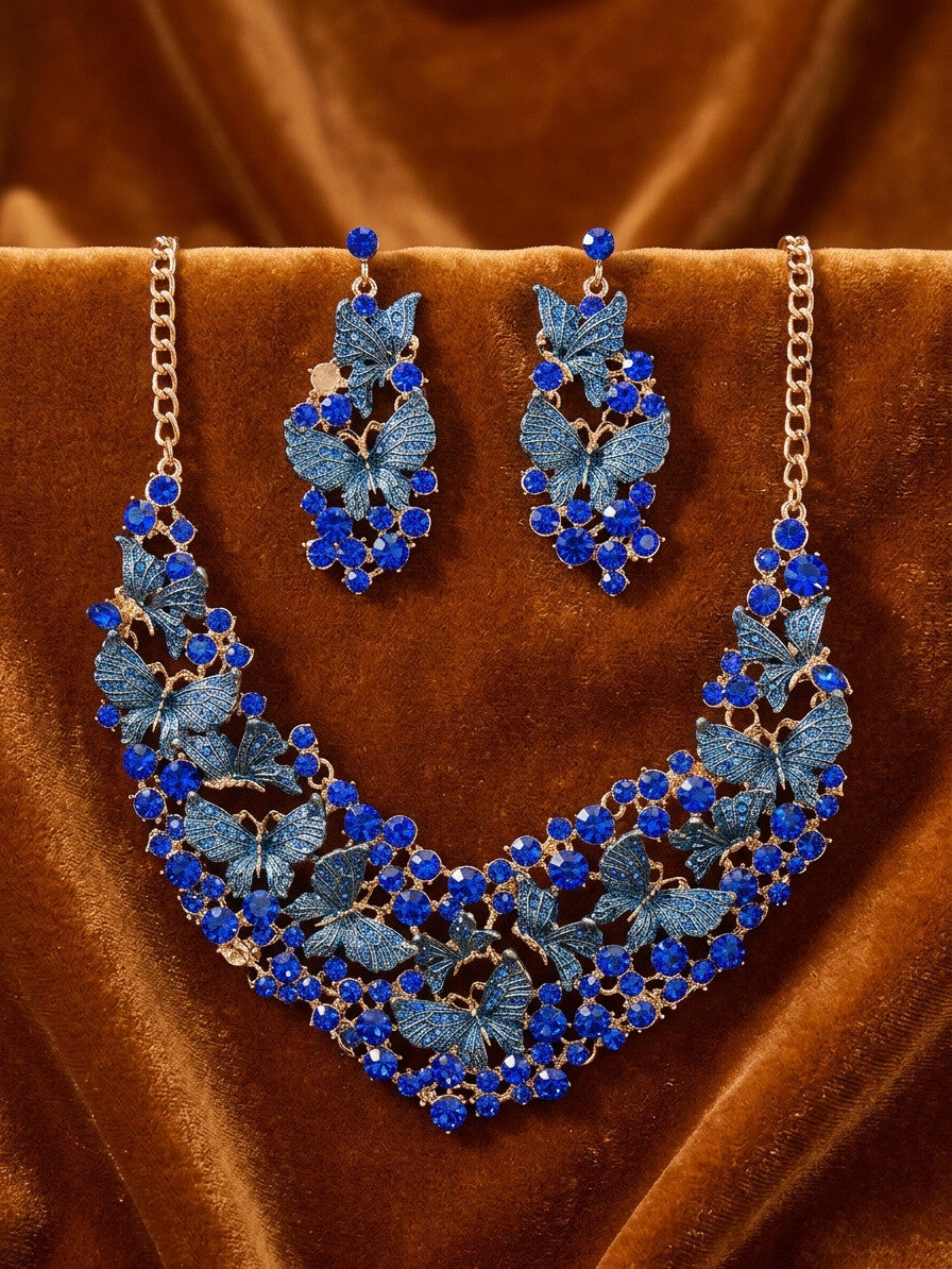 Royal Blue Butterfly Statement Jewelry Set – Crystal Bib Necklace & Drop Earrings
