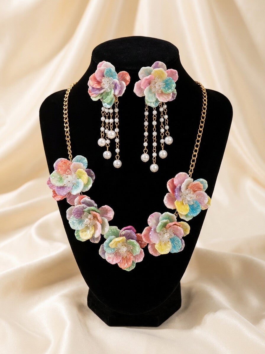 Pastel Iridescent Floral Jewelry Set – Pearl Tassel Earrings & Layered Flower Necklace