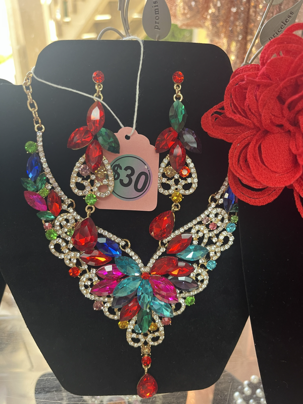 Royal Multicolor Rhinestone Statement Jewelry Set – Gold Bib Necklace & Earrings