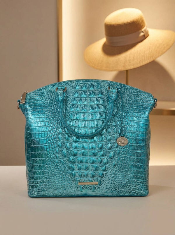 Brahmin Metallic Teal Croc-Embossed Leather Satchel