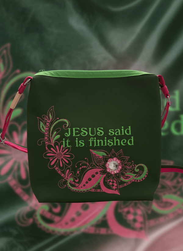 "It Is Finished" Inspirational Embroidered Crossbody Bag – Dark Green & Pink