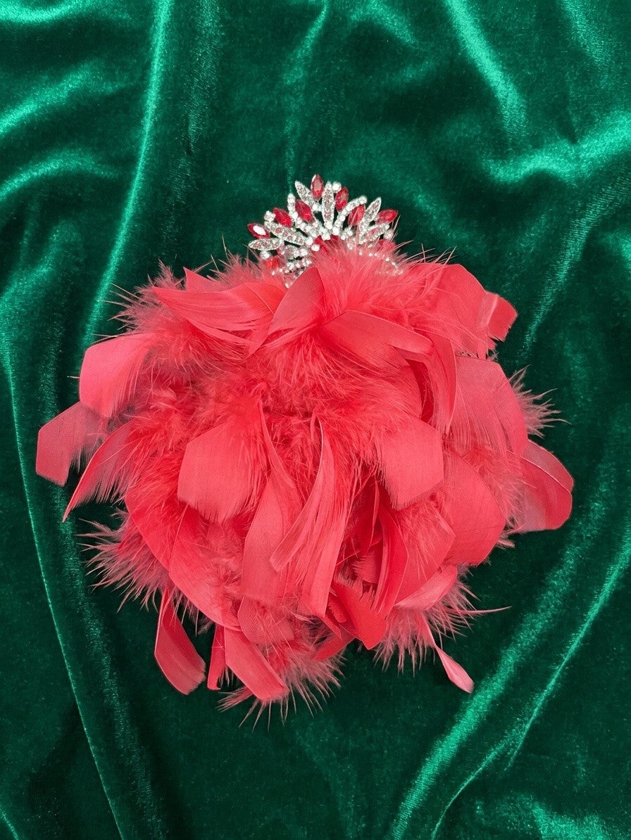 Scarlet Red Feather & Crystal Tiara Brooch – Oversized Burlesque Statement Pin