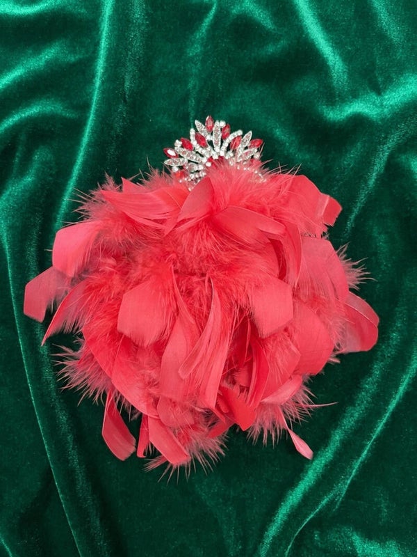 Scarlet Red Feather & Crystal Tiara Brooch – Oversized Burlesque Statement Pin