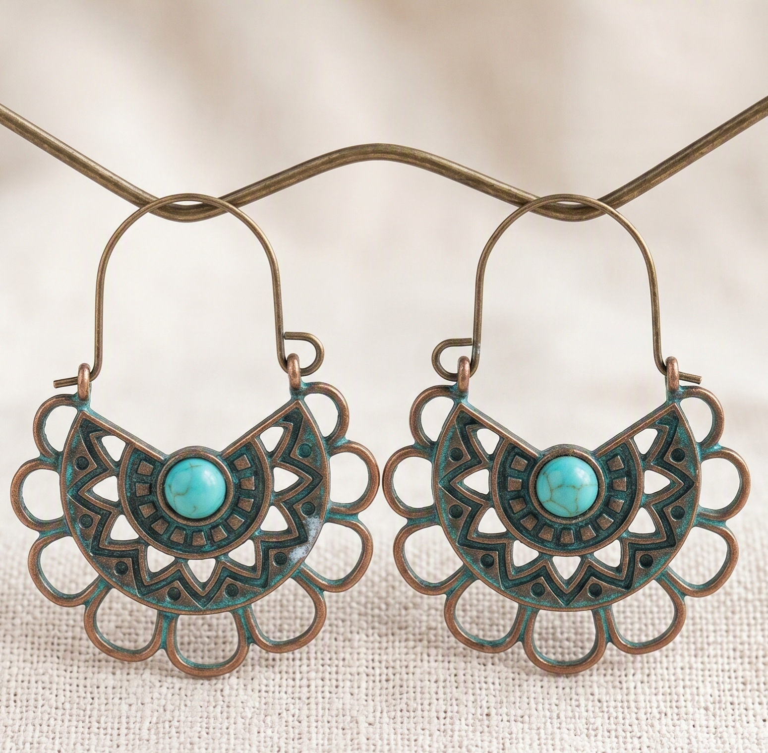 Bohemian Patina Filigree and Turquoise Tribal Crescent Dangle Earrings - Antique Brass Finish