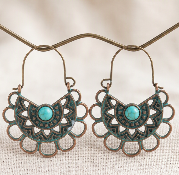 Bohemian Patina Filigree and Turquoise Tribal Crescent Dangle Earrings - Antique Brass Finish