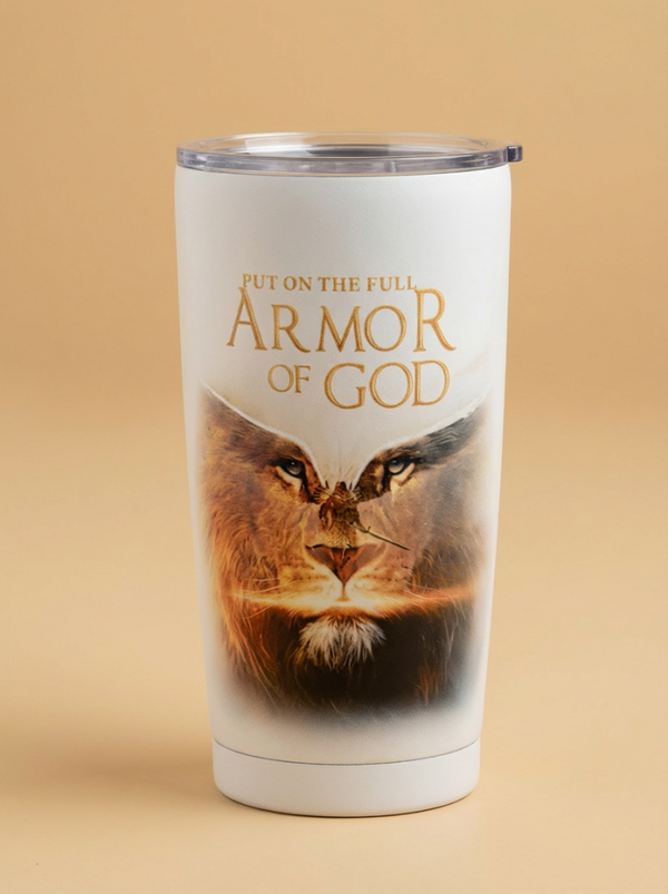 "Armor of God" Lion of Judah Insulated Tumbler – 20oz White Christian Travel Mug