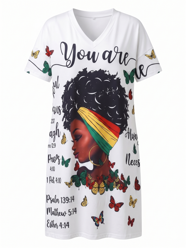 Custom White V-Neck Tunic Dress with Afrocentric Graphic, Butterflies & Inspirational Scripture