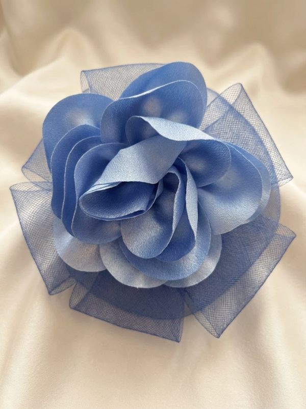 Cornflower Blue Mesh & Satin Flower Brooch – Large Pastel Floral Lapel Pin
