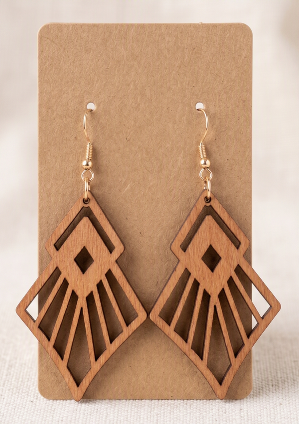 Artisan Laser-Cut Geometric Wood Dangle Earrings - Art Deco and Bohemian Inspired Design