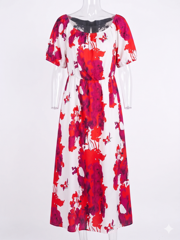 White Maxi Dress with Vibrant Red Abstract Watercolor Print