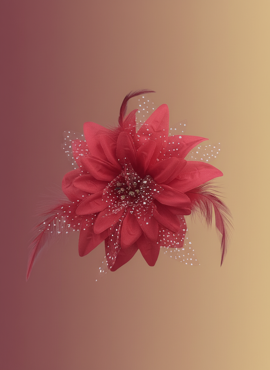 Festive Red Floral Feather Brooch – Large Polka Dot Tulle & Petal Statement Pin