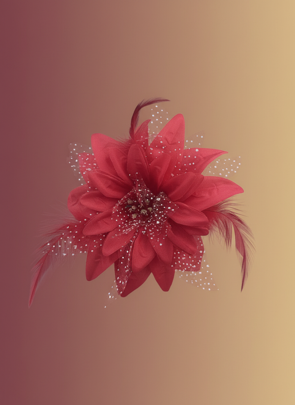 Festive Red Floral Feather Brooch – Large Polka Dot Tulle & Petal Statement Pin