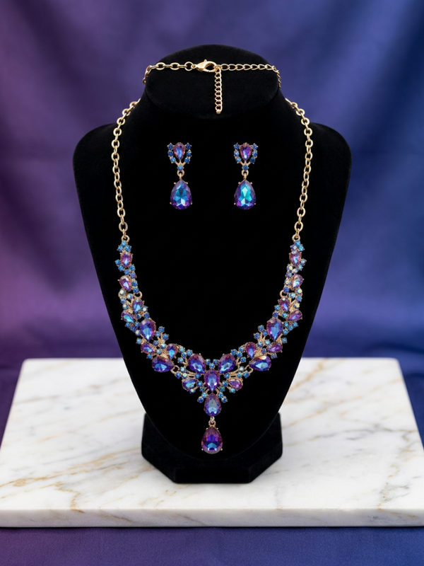 Iridescent Purple & Blue Crystal Jewelry Set – Gold Drop Teardrop Necklace & Earrings