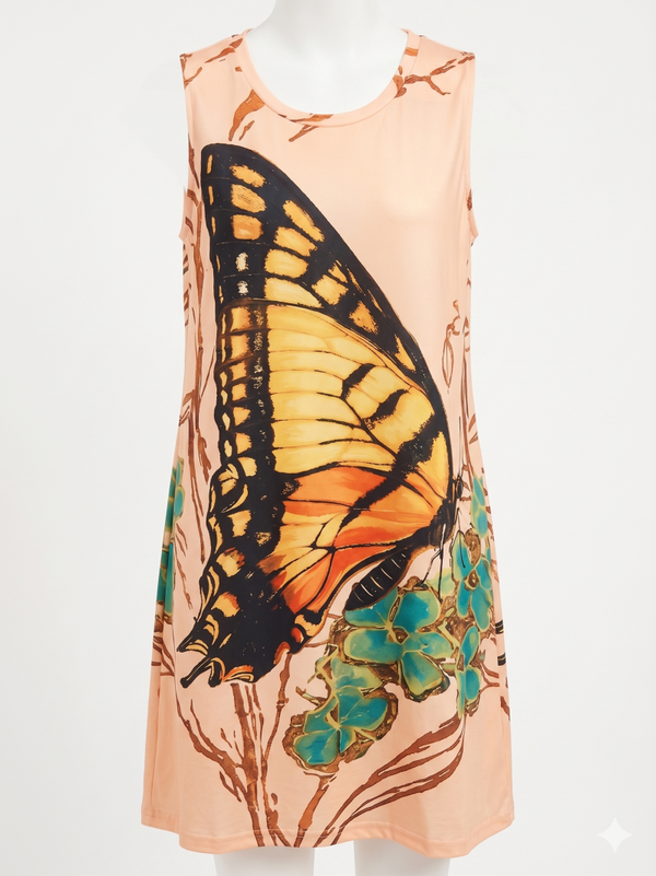 Peach Sleeveless Shift Dress with Oversized Butterfly & Floral Graphic