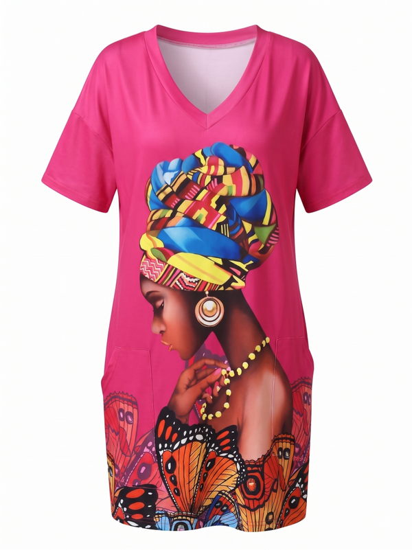 Vibrant Pink V-Neck Tunic Dress with African Woman Graphic & Butterfly Print