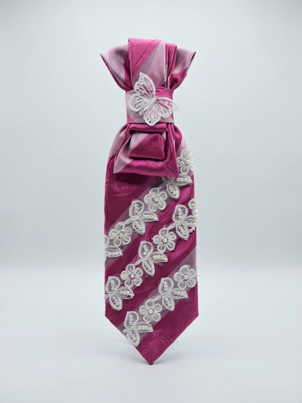Custom Artisan Magenta Neckwear – Hand-Finished Lace and Pearl Detail Statement Tie