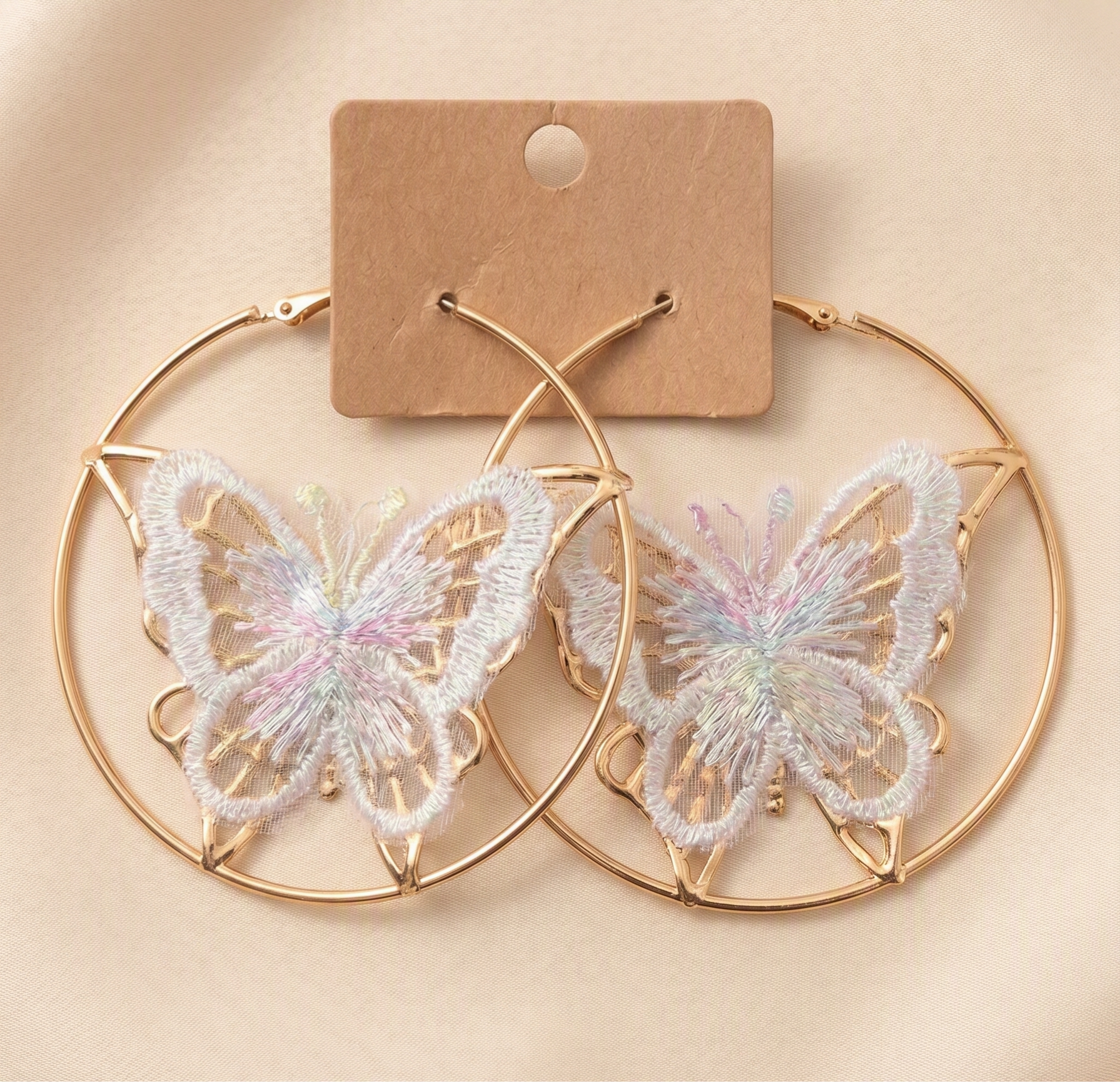 Whimsical Gold-Tone Butterfly Hoop Earrings with Iridescent Lace Wings