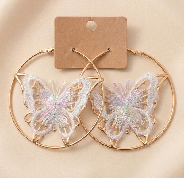 Whimsical Gold-Tone Butterfly Hoop Earrings with Iridescent Lace Wings