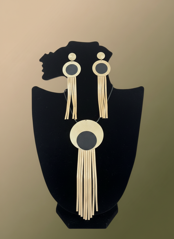 Urban Luxe Gold Tassel Set – Geometric Pendant Necklace and Earring Duo