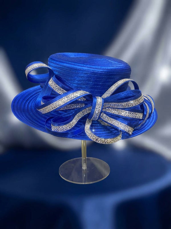 Kentucky Derby Statement Hat – Royal Blue Easter Sunday Ribbon Hat with Dazzling Crystal Bow