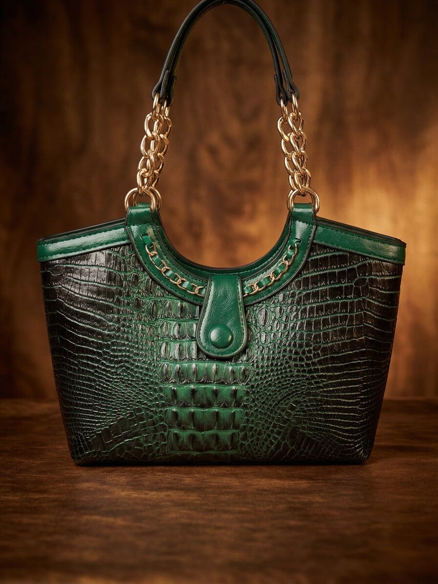 Luxury Emerald Green Croc-Embossed Tote – Designer Style Satchel with Gold Chain Handles