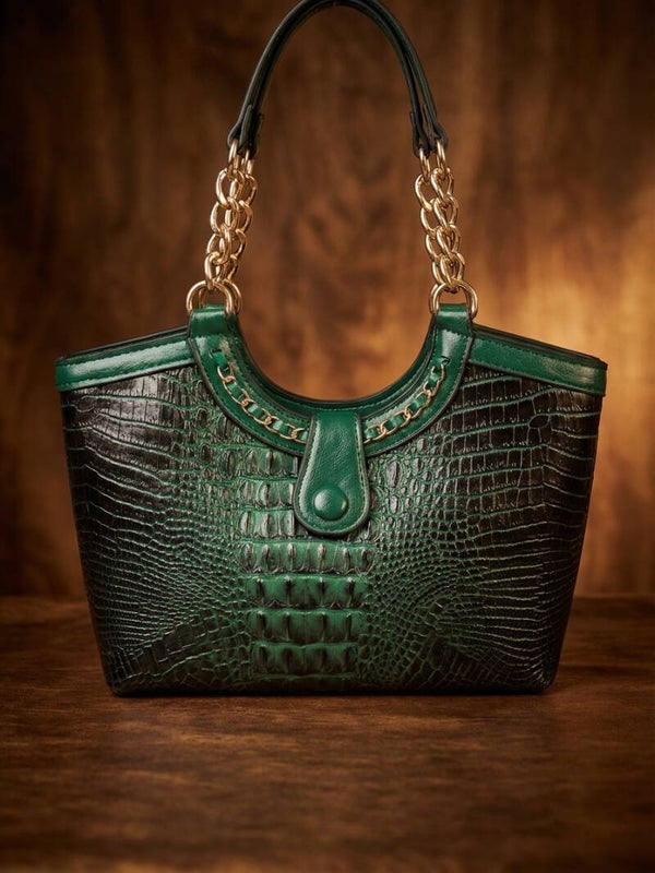 Luxury Emerald Green Croc-Embossed Tote – Designer Style Satchel with Gold Chain Handles
