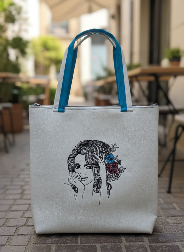 Effortless Beauty" Embroidered White Tote – Artistic Line Art Shoulder Bag