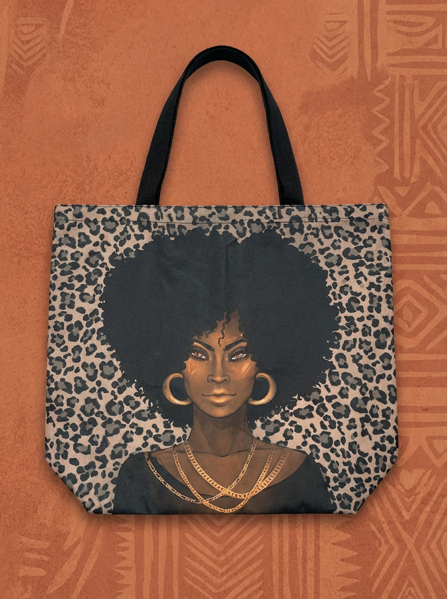 Afrocentric Leopard Print Tote Bag – Black Woman Art Canvas Bag with Gold Jewelry Detail