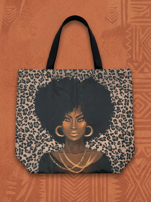 Afrocentric Leopard Print Tote Bag – Black Woman Art Canvas Bag with Gold Jewelry Detail