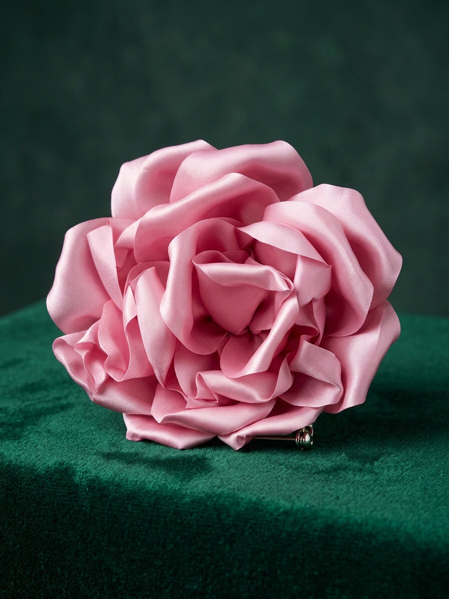 Dusty Rose Satin Rose Brooch – Large Blush Pink 3D Fabric Flower Pin