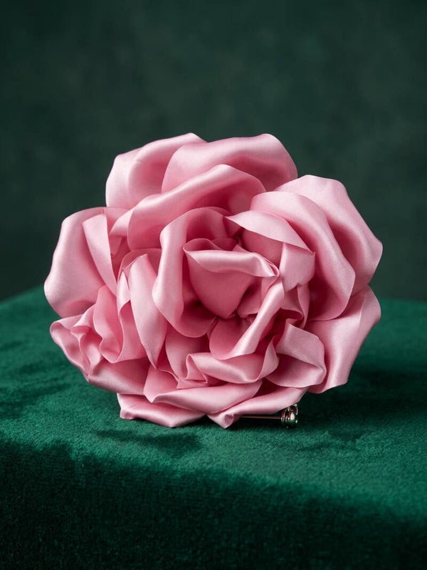 Dusty Rose Satin Rose Brooch – Large Blush Pink 3D Fabric Flower Pin