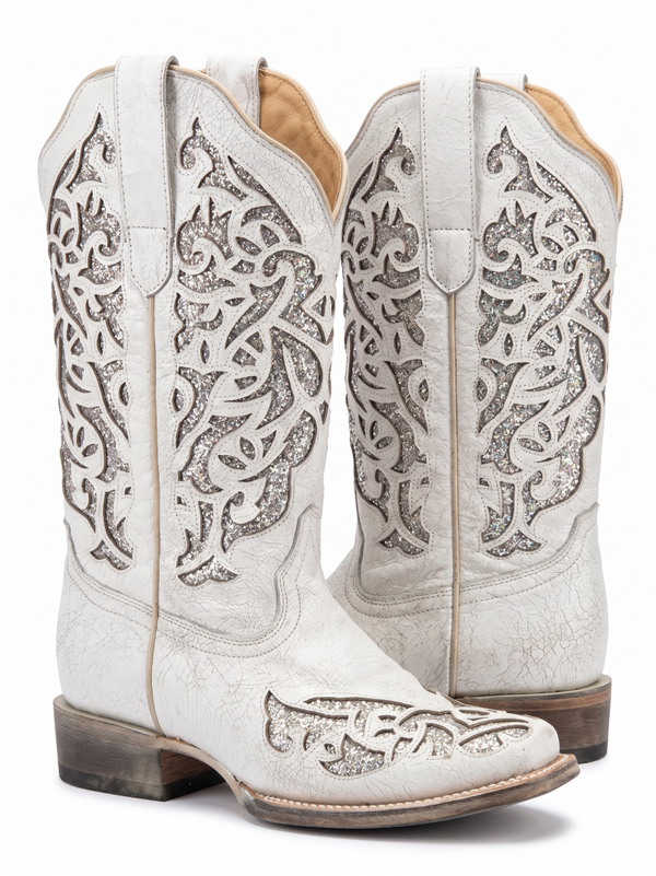 JB Dillon Distressed White Western Cowboy Boots with Silver Glitter Filigree Cutouts