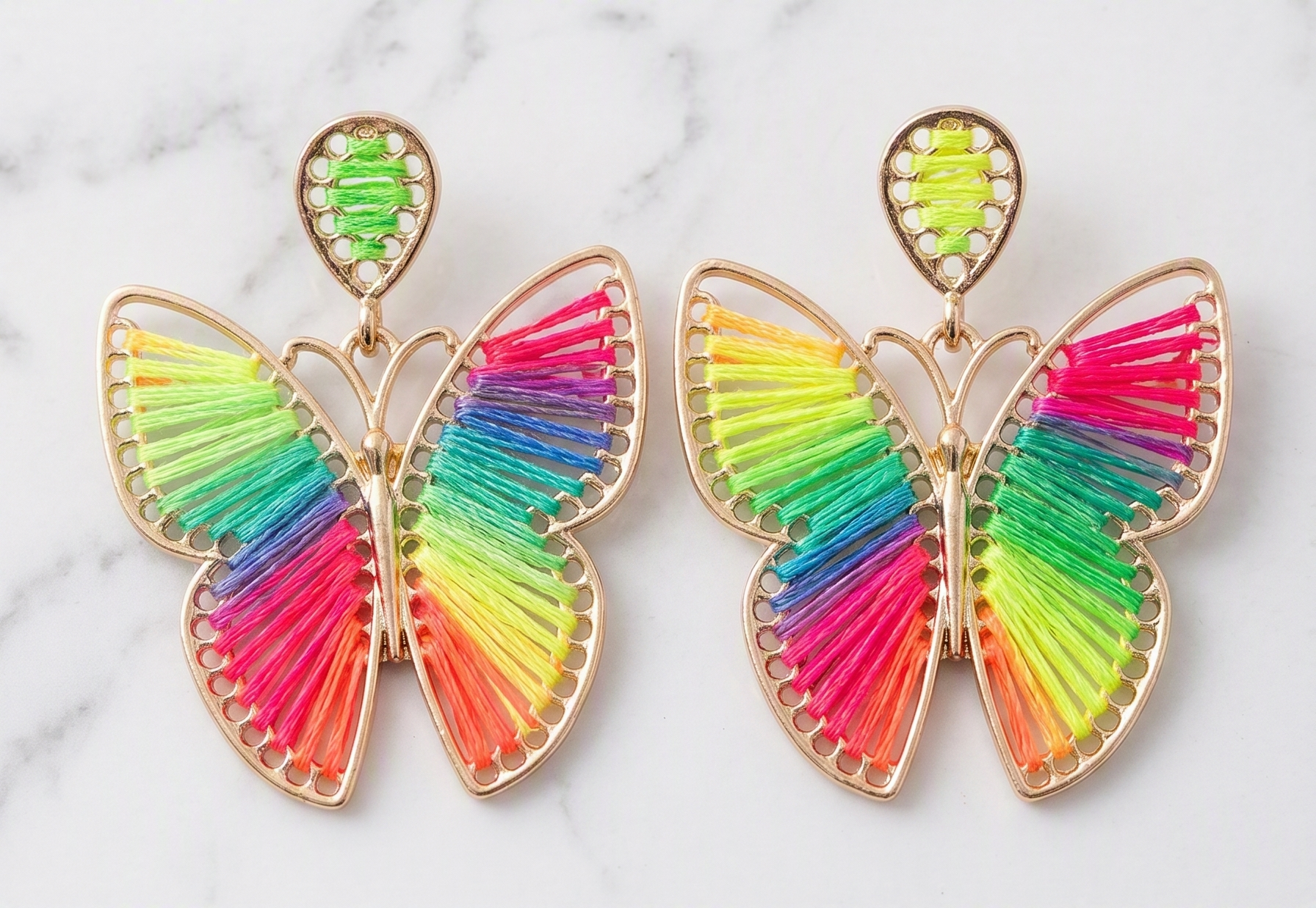 Rainbow Multi-Color Butterfly Drop Earrings with Gold Trim - Bohemian Thread Jewelry