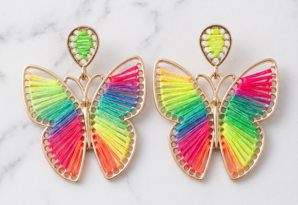 Rainbow Multi-Color Butterfly Drop Earrings with Gold Trim - Bohemian Thread Jewelry