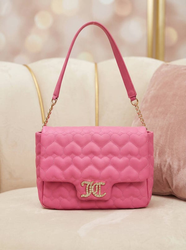 Juicy Couture Heart Quilted Shoulder Bag – Pink Puffy Crossbody with Crystal Monogram