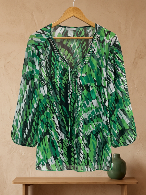 Emerald Geometric Chiffon Tunic Blouse – Rhinestone V-Neck & 3/4 Puff Sleeves