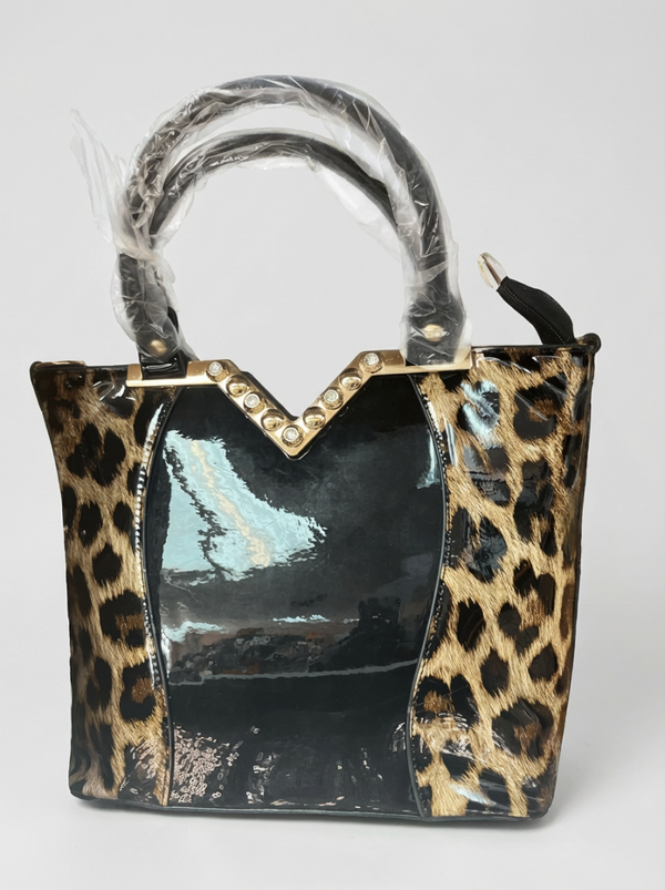 Glossy Black & Leopard Print Rhinestone Handbag