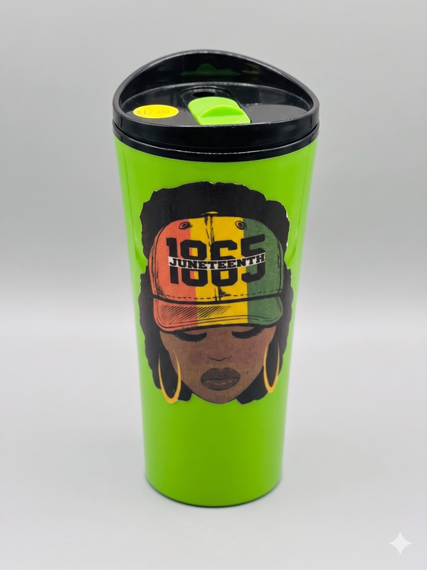 Custom Vibrant Green "1865 Juneteenth" Travel Tumbler with Afrocentric Graphic