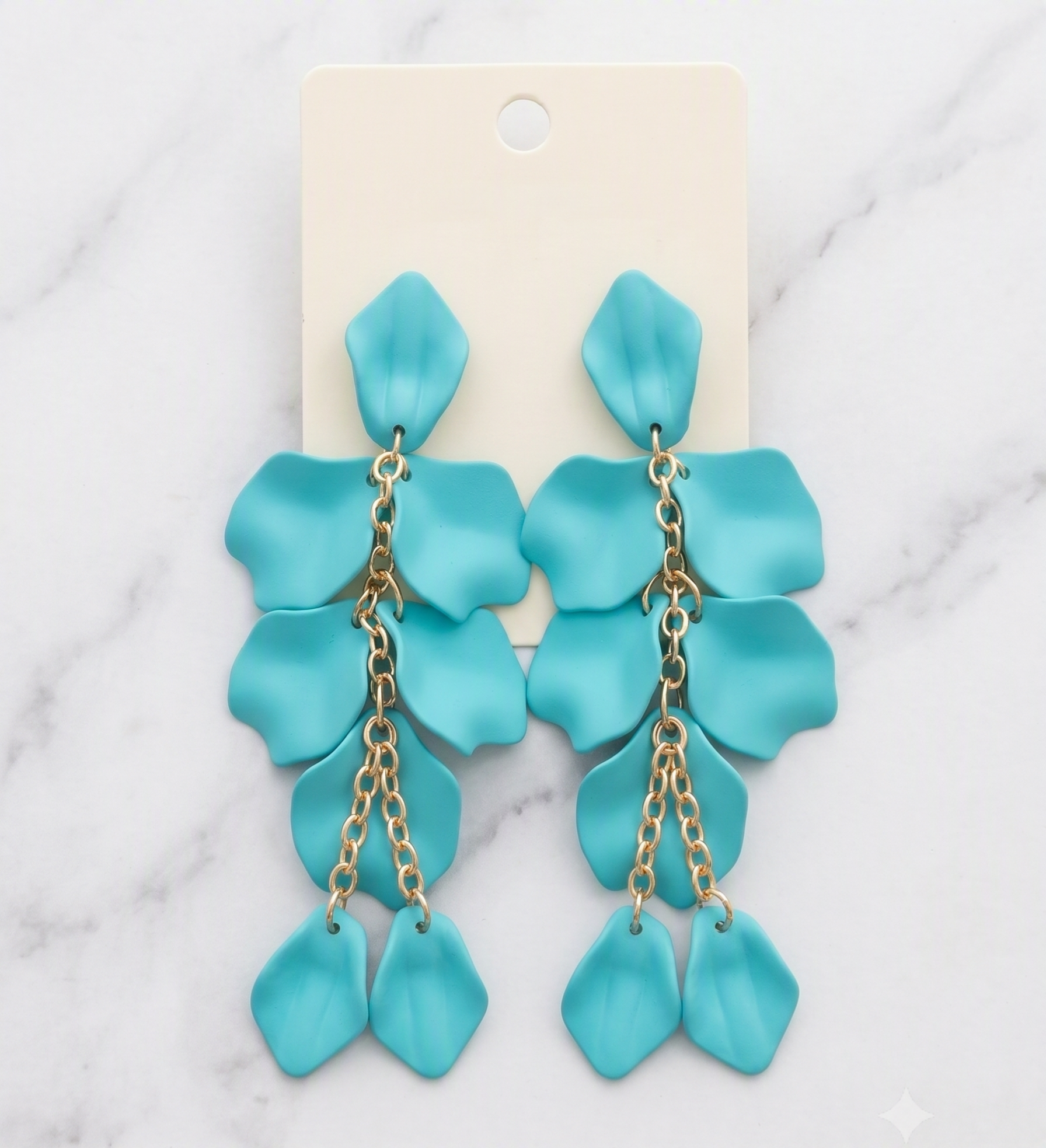 Vibrant Turquoise Matte Petal Cascade Drop Earrings with Gold Chain Details - Bohemian Statement Jewelry